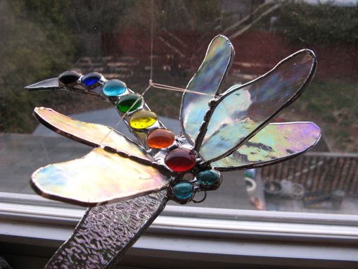 Custom Made Double Winged Stained Glass Dragonfly In Chakra Colors