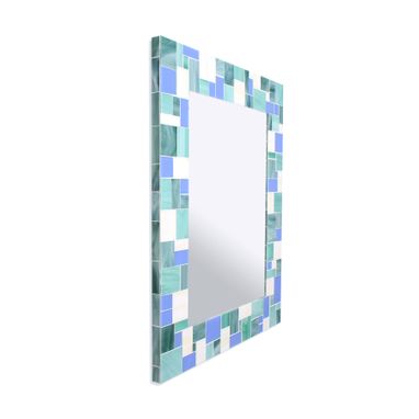 Custom Made Decorative Mosaic Beach Bathroom Wall Mirror In Blues, Sea Green And White Stained Glass Tiles