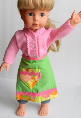 Custom Made Green And Pink Flannel Doll Apron With Flowers "Raspberry Truffle''