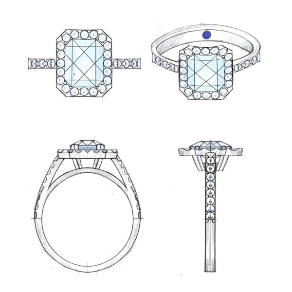 Sketch of a pavé set diamond arches hold up a radiant cut diamond and diamond halo in this cathedral setting engagement ring.