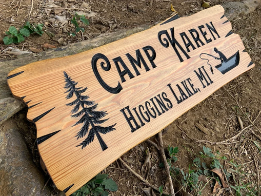 Custom Made Outdoor Signs, Wooden Carved Cabin Sign, Pine Trees, Custom Wood Sign, Custom Camp Sign