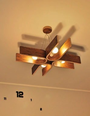 Custom Made Veneer Model Hanging Lamp With Natural Wood Texture