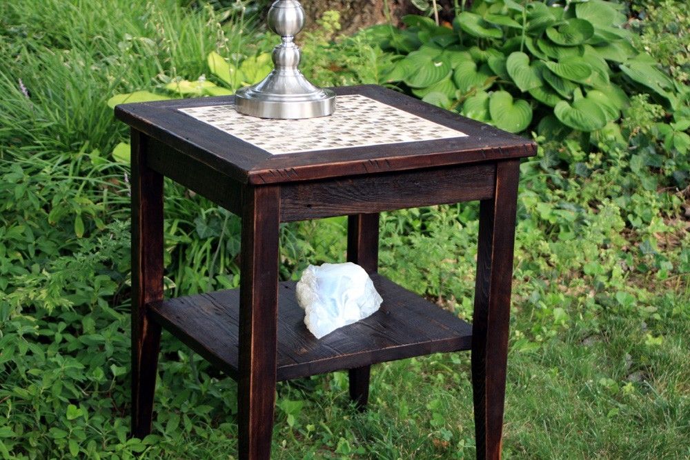 Hand Crafted End Table Glass Stone Tile Mosaic Reclaimed Wood Hand Crafted End Table Glass Stone Tile Mosaic Reclaimed Wood Dark Brown Finish By Inspired Nature Custommade Com