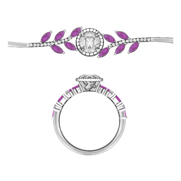 This halo diamond ring features diamond and marquise shaped amethyst accents on a white gold band.