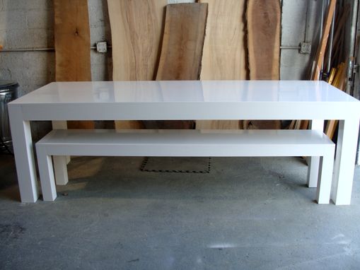 Custom Made Modern White Parsons Table And Bench Dining Set High Gloss