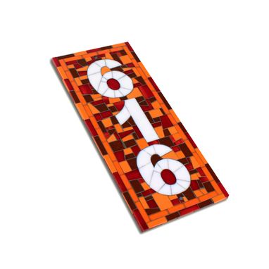 Custom Made Vertical House Number Plaque In Red, Orange And Brown Mosaic Tile