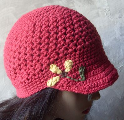 Custom Made Brimmed Beanie/Newsboy Hat W/Hand Embroidered Flower - Country Red