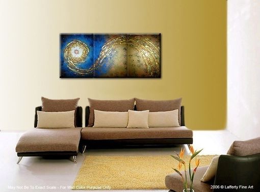 Custom Made Abstract Blue Gold Textured Original Modern Painting On Sale By Dan Lafferty - 24 X 54