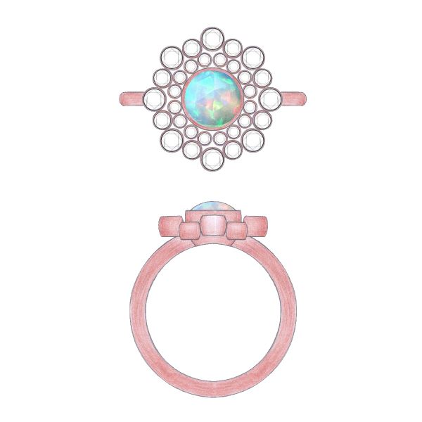 A round white opal and lab-created diamond accents are set in rose gold.