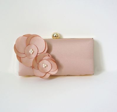 Custom Made Romantic Clutch Purse With Handmade Flower Adornment And Pearls- Blush