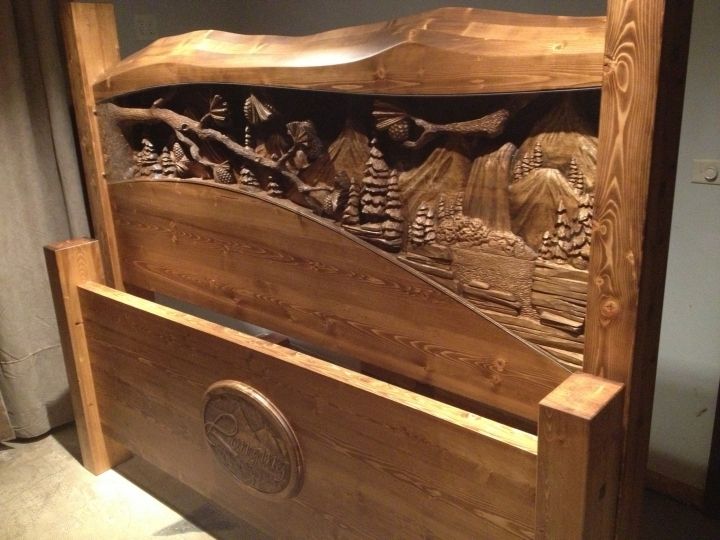 Custom Made King Size Headboard & Footboard, Waterfall & Pine Forest