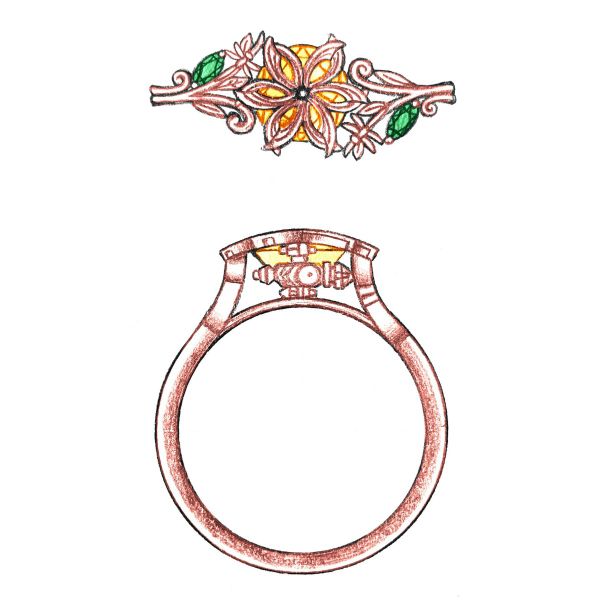 This Lord of the Rings inspired engagement ring feels like autumn with its flower-like center setting and sunset-glow citrine center stone.