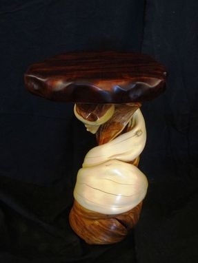 Custom Made Curly Redwood Display Table With Twisted Juniper Log Base