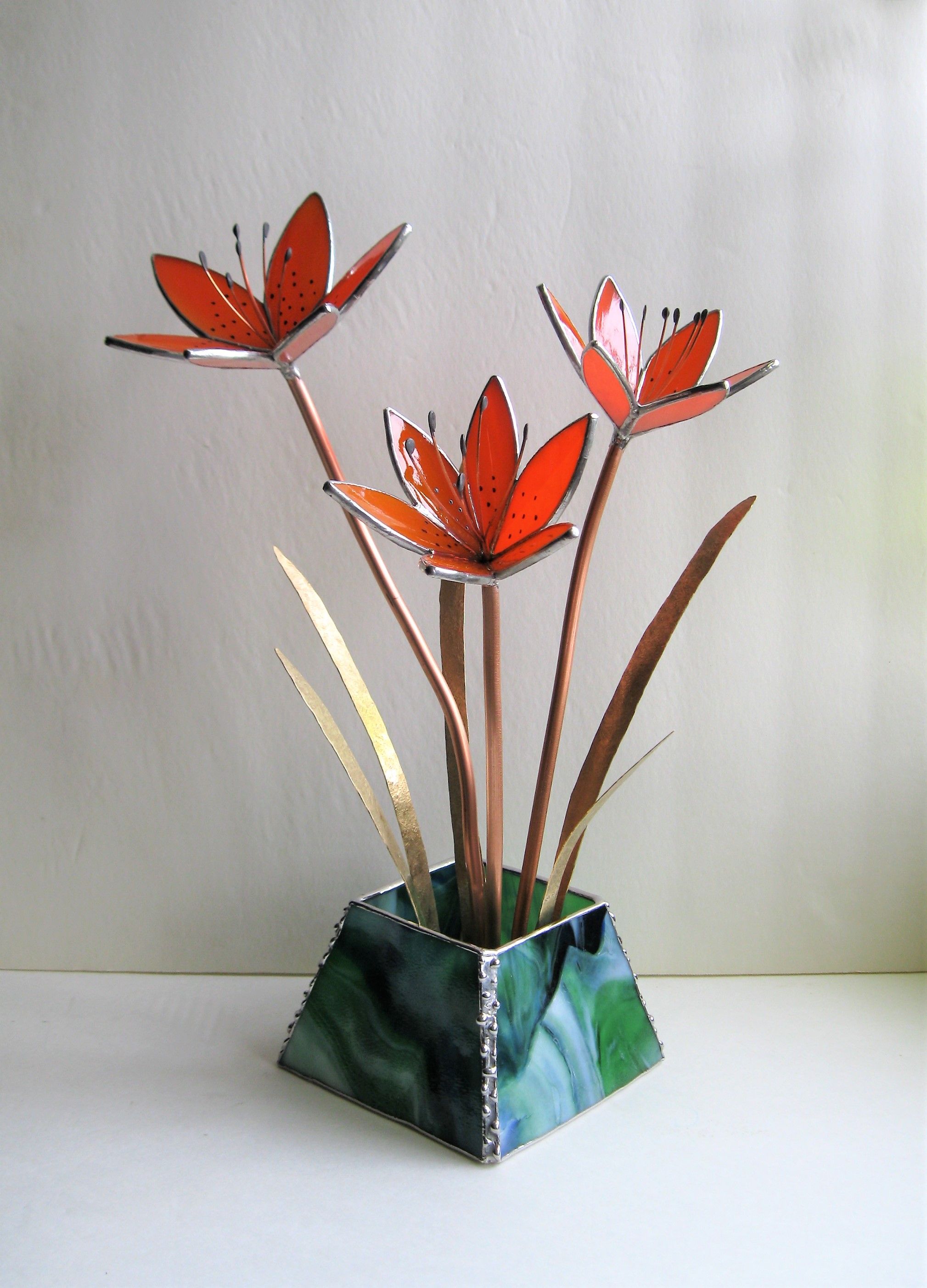 Hand Crafted Day Lilies In Stained Glass Centerpiece/ Sculpture by