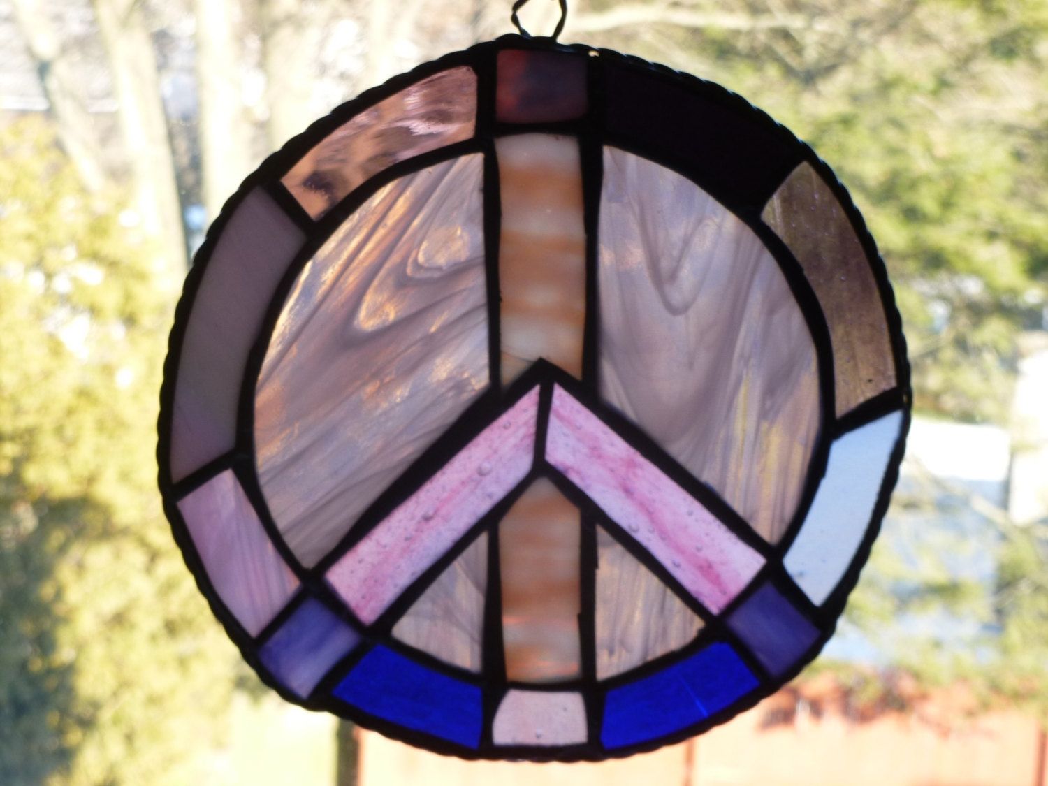 Hand Made Multicolored Stained Glass Peace Sign by Glass Monkey Arts
