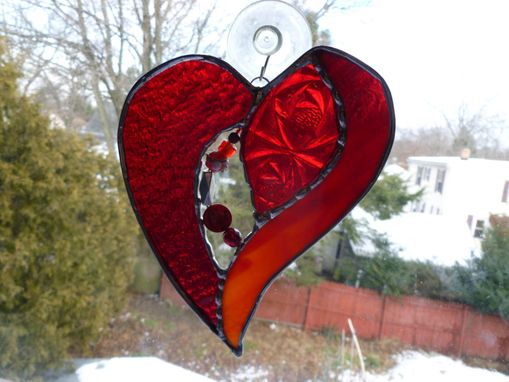 Custom Made Sparkling Red Stained Glass Heart With Beads And Crystals