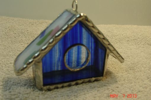 Custom Made Empty Nest Bird House Ornament In Striped Colbalt Blue With Green / Pink Roof