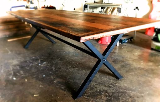 Custom Made Industrial Farmhouse Reclaimed Solid Oak Dining Table With Black Metal Base