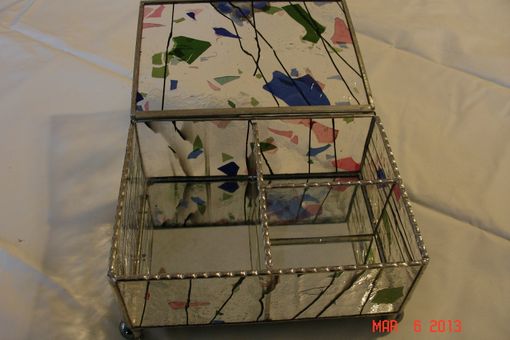 Custom Made Stained Glass Jewelry Box W/ Dividers In Blue, Pink & Green With Marbled Feet