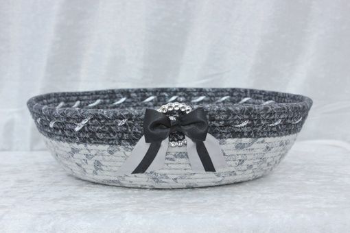 Custom Made Fabric Wrapped Clothesline - Small Round Bowl. Black, Gray, Silver, Glitter/Shimmer Accent