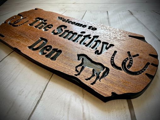 Custom Made Custom Wooden Carved Sign With Horseshoes And Horse Silhouette