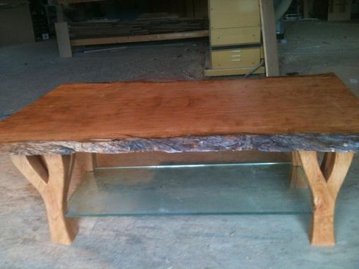 Custom Made Cherry Slab And Antique Glass Coffee Table