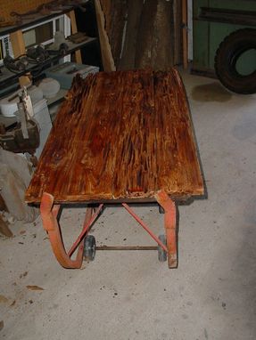 Custom Made Pecky, Wormy Cypress On Iron Cart Base, Coffee Table,