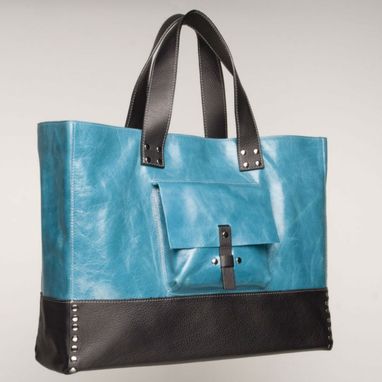 Custom Made Leather Tote Bag - Fully Lined: Turquoise Blue And Black