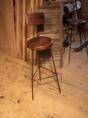 Custom Made Reclaimed Oak Bar Stools With Industrial Legs And Back Rest