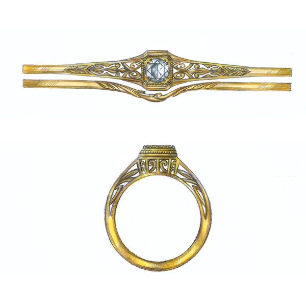 This moissanite and yellow gold engagement ring is inspired by the Victorian era.