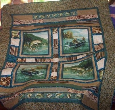 Custom Made Fishing Themed Custom Quilt With Strips And Blocks