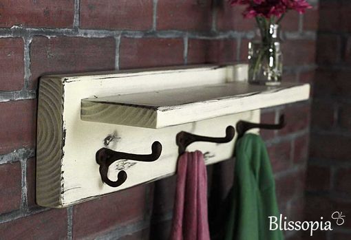 Custom Made Distressed Rustic Shelf With Antique Coat Hooks