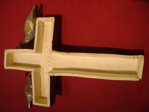 Custom Made Quail's On A Cross With A Rose, Ceramic And 3 Dimensional