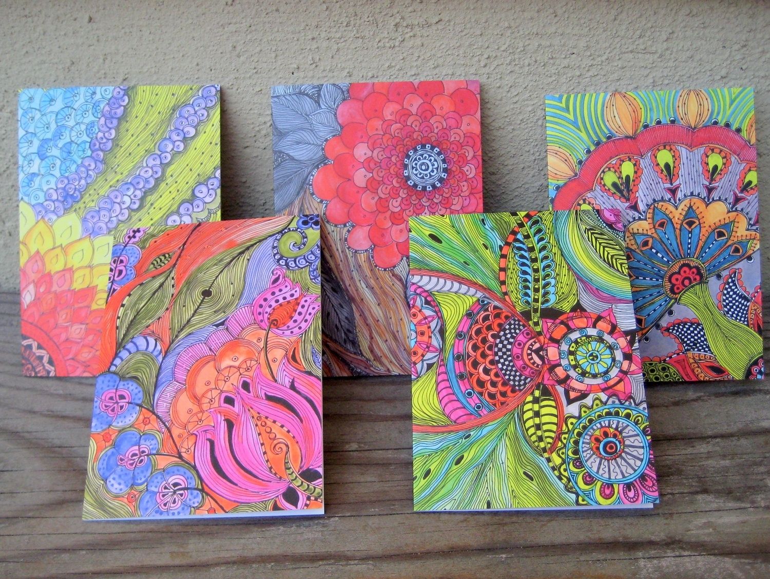 Hand Made Notecards Bright ColorsSet Of 5 Cards With Artwork Envelopes