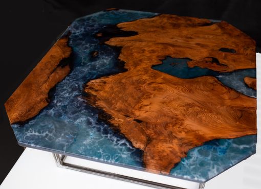 Custom Made Redwood And Blue Epoxy Coffee Table With Powder Coated Steel Base