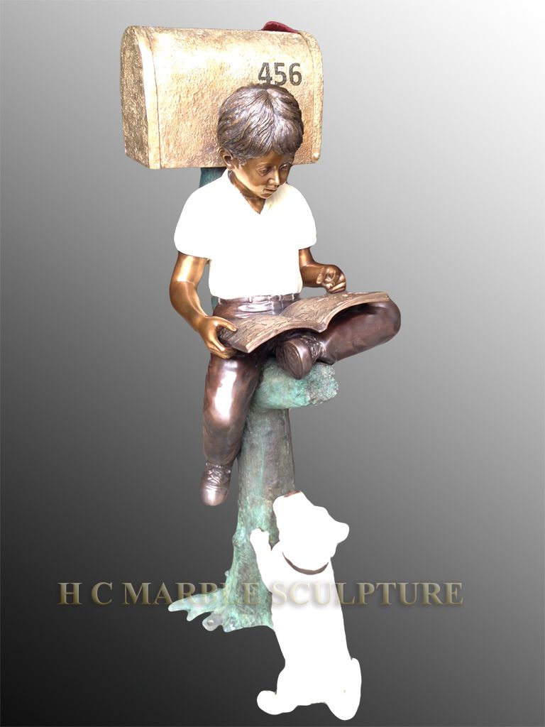 Hand Crafted Boy W/ Dog Mailbox, Bronze Statue by HC Bronze and Marble