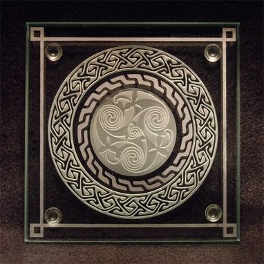 Custom Made Sandblasted Celtic Spiral Key Pattern Art Glass Decorative Coaster