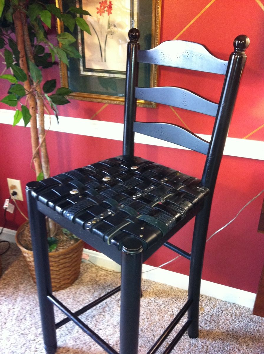 Hand Made Custom Barstool With Seat From Woven Recycled Leather Belts