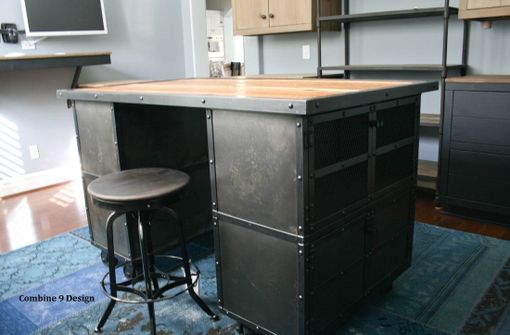 Custom Made Kitchen Island. Reclaimed Wood Work Station. Rustic Bar Table. Steel Island, Metal Office Furniture.
