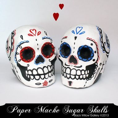 Custom Made Red & Blue Day Of The Dead Paper Mache Skull Custom Bride And Groom Decoration Cake Topper