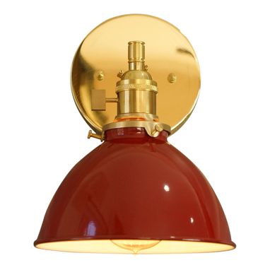 Custom Made Cottage Time 1-Light Brass Wall Sconce, Red Lamp Shade
