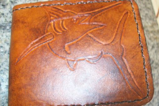 Custom Made Custom Leather Deluxe Wallet With Attached Business Card Case And Marlin Design