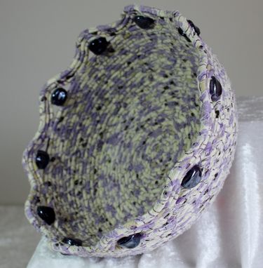 Custom Made Fabric Bowl - Coiled - Wrapped Clothesline - Medium Round - Purple Beaded