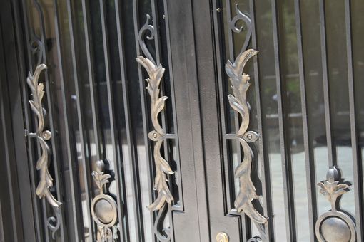 Custom Made Hand Forged Wrought Iron Front Entry French Doors Steel Scrolls Bronze Handles