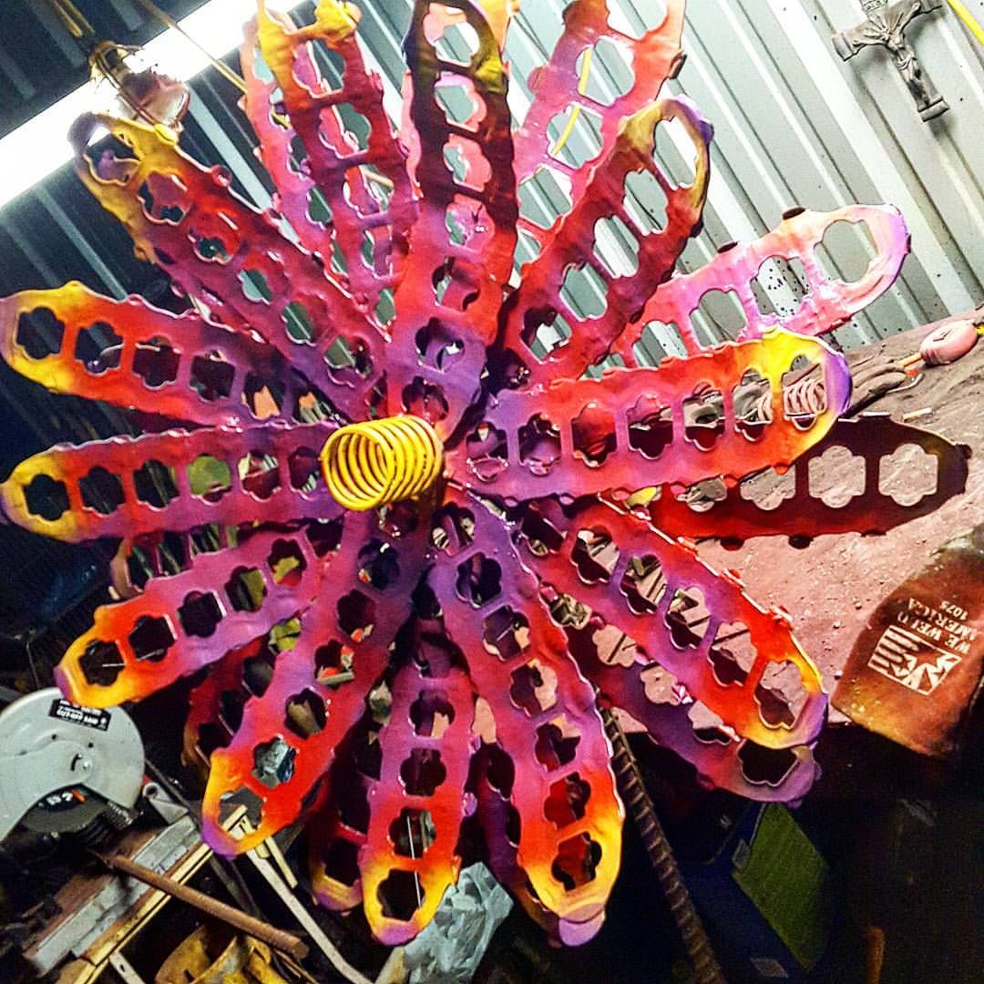 Hand Crafted Garden Decor Metal Outdoor Sculptures Red Flower Recycled Yard Art by Metal Art at