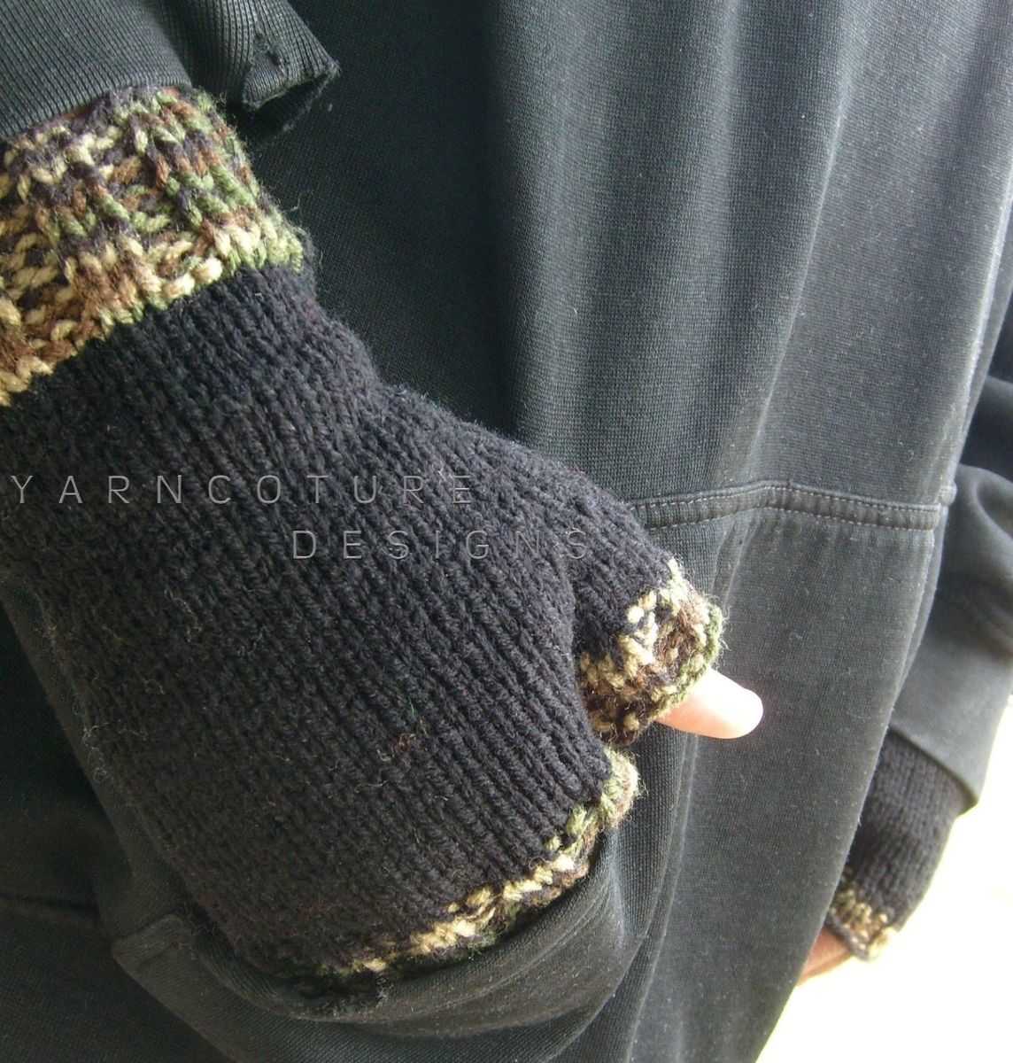 Hand Crafted Hand Knit Fingerless Gloves For Men / In Black With