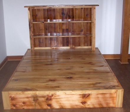 Custom Made Reclaimed Rustic Pine Platform Bed With Shelf Headboard And 4 Drawers