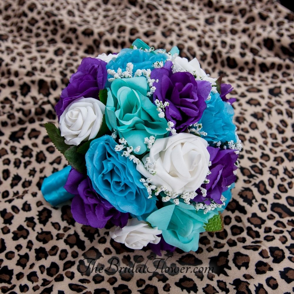 Hand Made Purple Turquoise And Aqua Teal Tiffany Blue Round Bridal Hand Made Purple Turquoise And Aqua Teal Tiffany Blue Round Bridal Bouquet With Malibu Handle By The Flower Custommade