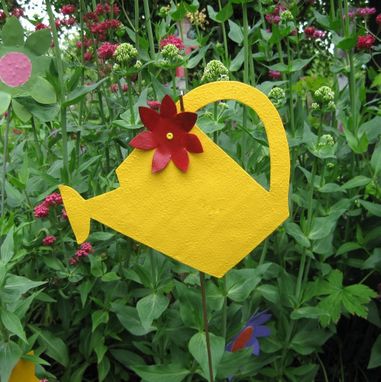 Custom Made Handmade Upcycled Metal Water Can Garden Stake In Yellow