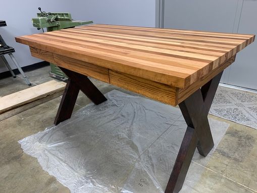 Custom Made Modern Butcher Block Top Desk With Dovetail Drawer And Cherry Cross Style Legs